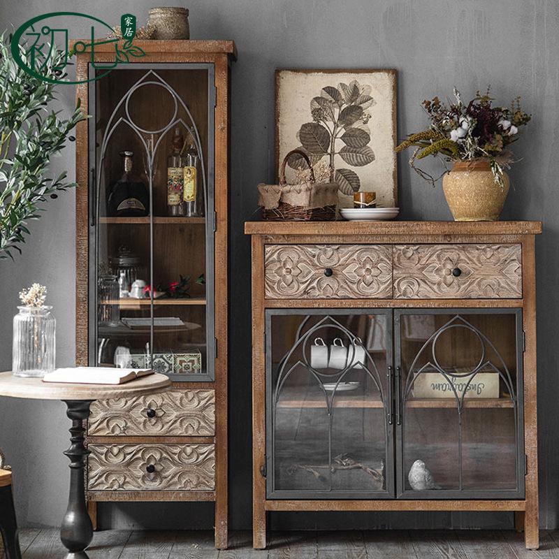 American Country Retro Carved Dining Cabinet Bed & Breakfast Furniture Living Room Wine Cabinet Cabinet Bedroom Distressed Storage Cabinet