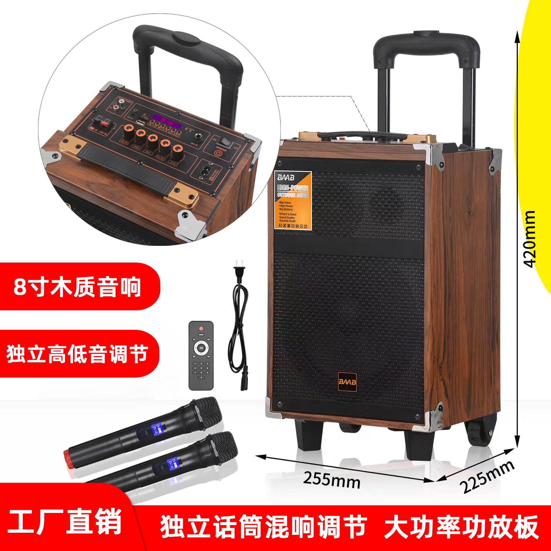 square dance audio outdoor karaoke speaker high-power wooden with wireless microphone bluetooth trolley 8-inch mobile audio