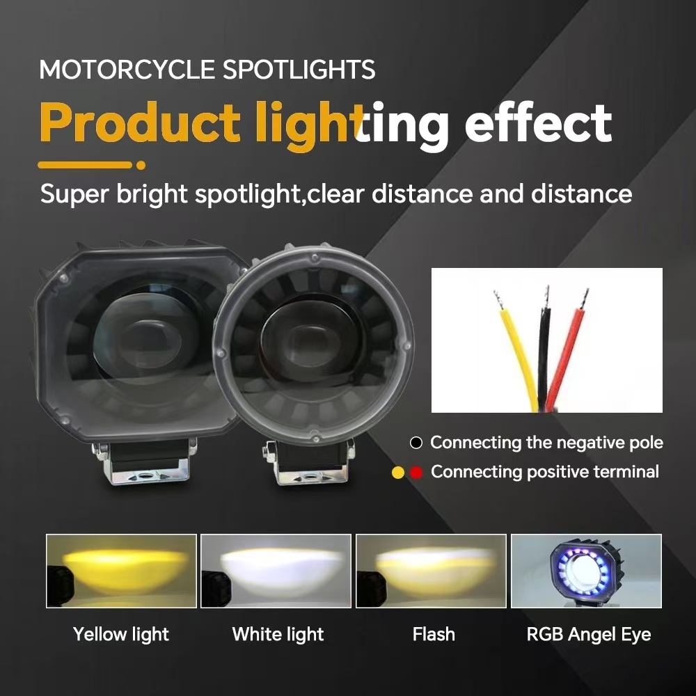 Motorcycle LED light lens, angel eye spotlight, flashing light, RGB colorful work light, external yellow and white light, export version Specification drawing