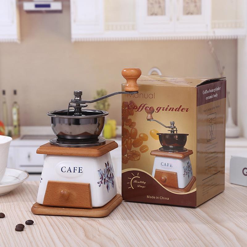 household ceramic wooden box coffee mill mini coffee grinder retro coffee machine manual grinding machine coffee grinder grinder wholesale