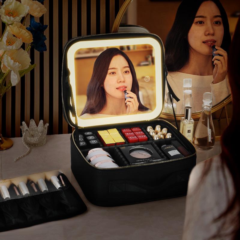 large capacity cosmetic bag cosmetic case with light full screen mirror portable travel cosmetics storage bag storage box