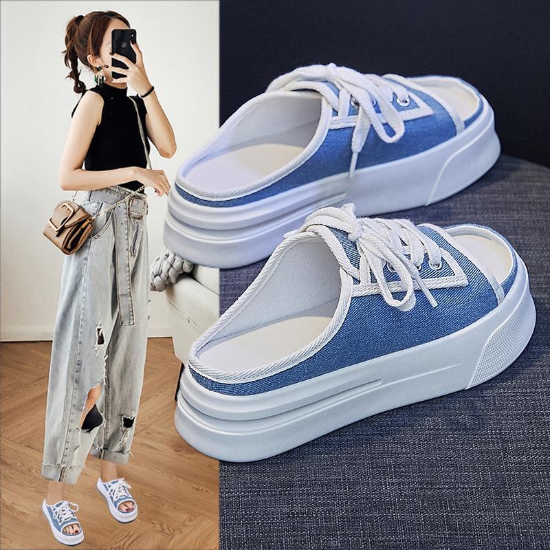 summer new retro women's ins korean style thick-soled peep toe canvas shoes slip-on spring casual shoes k8701