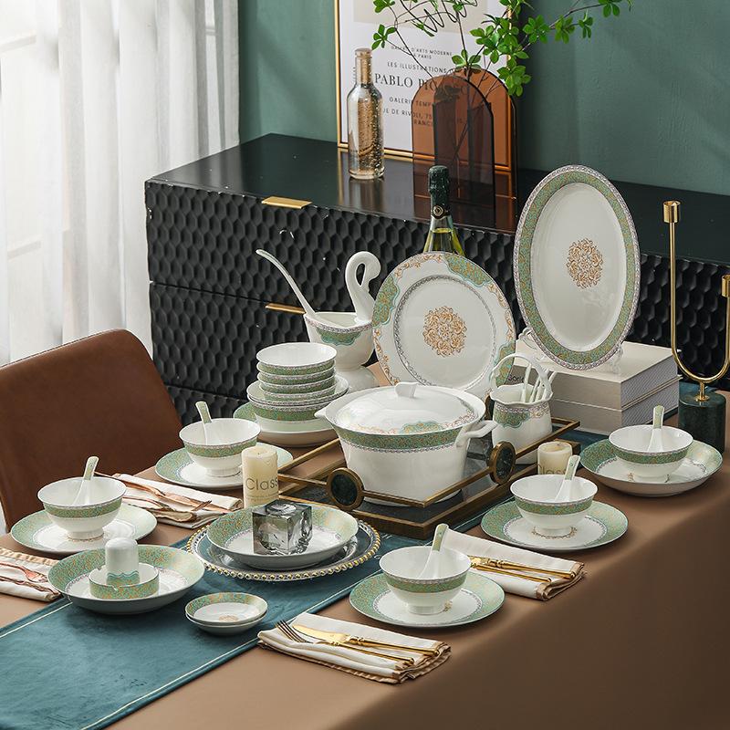Bowl and Dish Household Full Set Jingdezhen Light Luxury Bone China Tableware Suit Ceramic European Bowl and Dish Tableware Gift Wholesale