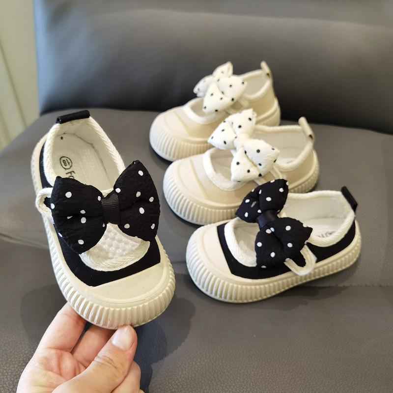 Spring and Autumn Baby Square Mouth Canvas Shoes Polka Dot Bow Girls Little Kids' Shoes Toddler Shoes Soft Soled Princess Shoes Anti-Ki