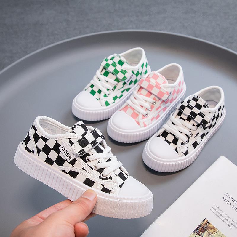 children's black-white checkerboard plaid canvas shoes new casual shoes boy student board shoes girls' breathable biscuit shoes