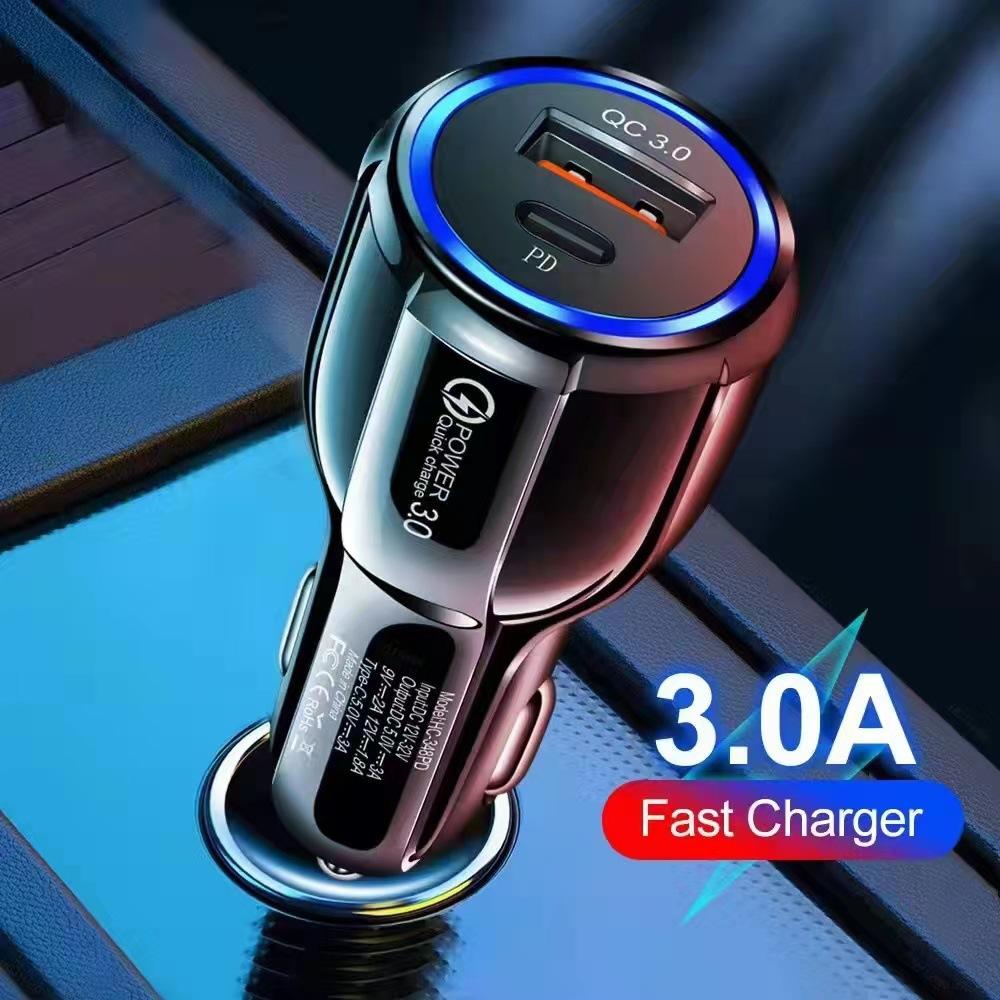 pdqc30 car charger dual-port car-mounted charger type-c car fast charging head one drag two flash charging usb car charger