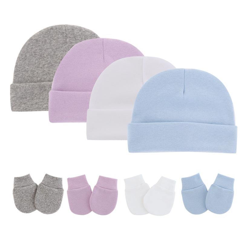 Autumn and Winter New Newborn Baby Beanie Cap Anti-Grasping Gloves Suit Solid Color Sleeve Cap Baby Hat Baby Products