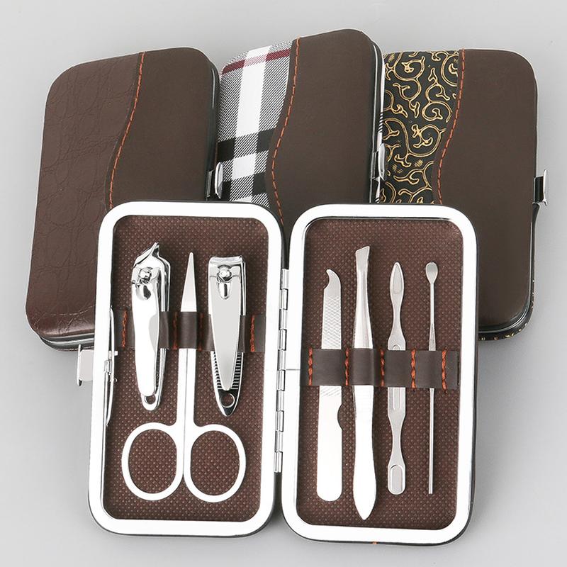 yiwu in stock nail scissor set leather box 7-piece set cross-border printed logo advertising gift nail clippers set
