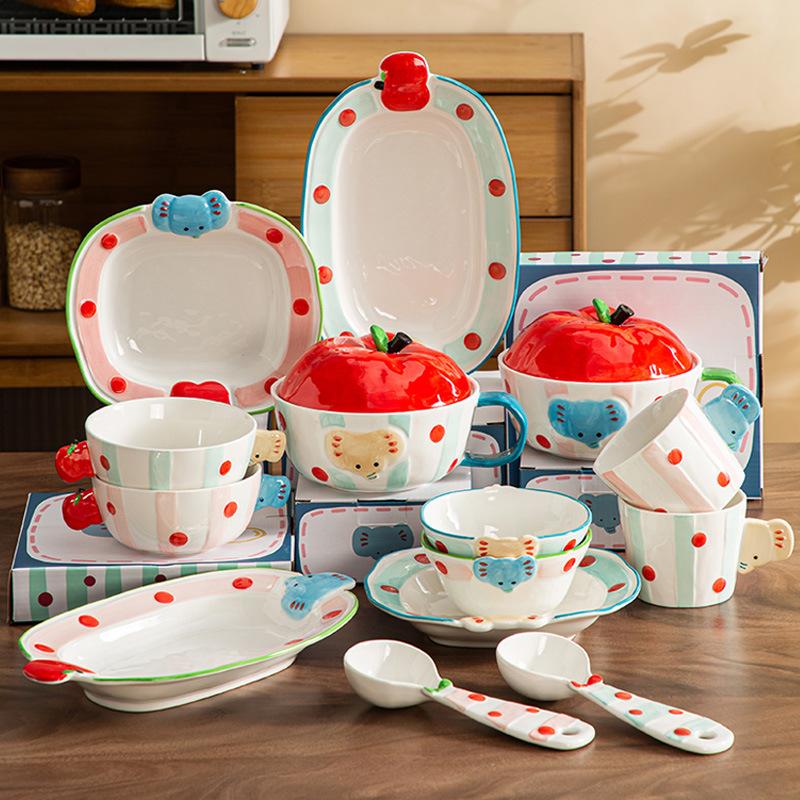 apple girl bowl plate cute dinnerware ceramic rice bowls and plates housewarming birthday gift for girls