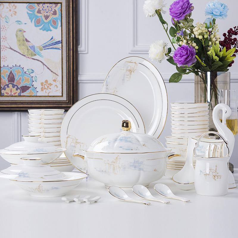 tableware suit wholesale jingdezhen tableware 60 head palace home bone china european style tableware bowl dish suit printing full figure