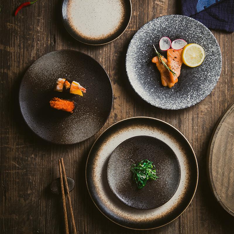 japanese retro ceramic shallow plate creative black restaurant personality glaze dish bone dish household tableware flat plate full figure