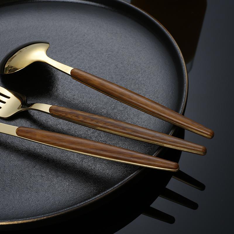 portuguese western tableware plastic handle imitation retro wood grain steak knife, fork and spoon household pasta dessert knife, fork and spoon details Picture