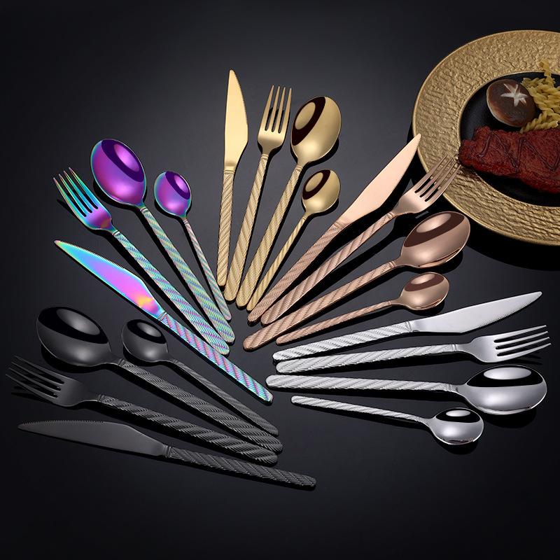 cross-border amazon hot selling stainless steel tableware knife fork spoon hemp rope pattern western tableware steak hotel 4 pcs set details Picture