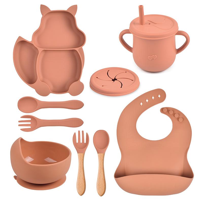 in stock squirrel silicone tableware baby silicone food supplement set baby spork integrated silicone plate suit