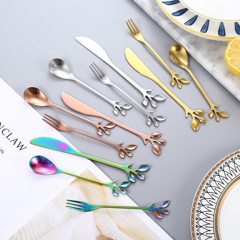 Factory Stainless Steel Leaves Knife, Fork and Spoon Creative Titanium-Pted Stirring Dessert Coffee Spoon Fruit Fork Moon Cake Knife Tableware