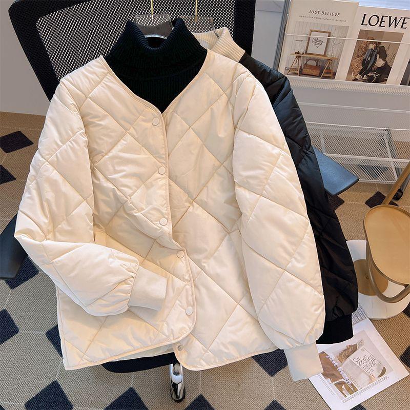 2024 early spring new rhombus ins collarless classic style thin lightweight short type cotton clothes women's clothes winter cotton-padded coat