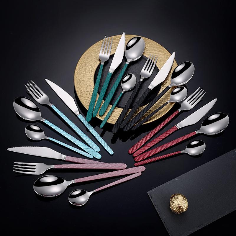 cross-border amazon hot selling stainless steel tableware knife fork spoon hemp rope pattern western tableware steak hotel 4 pcs set Specification drawing