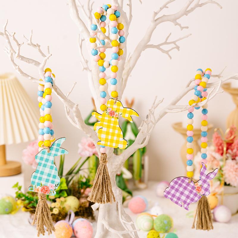 cross-border new easter decoration supplies easter beads string plaid printed rabbit wooden pendant colorful beads