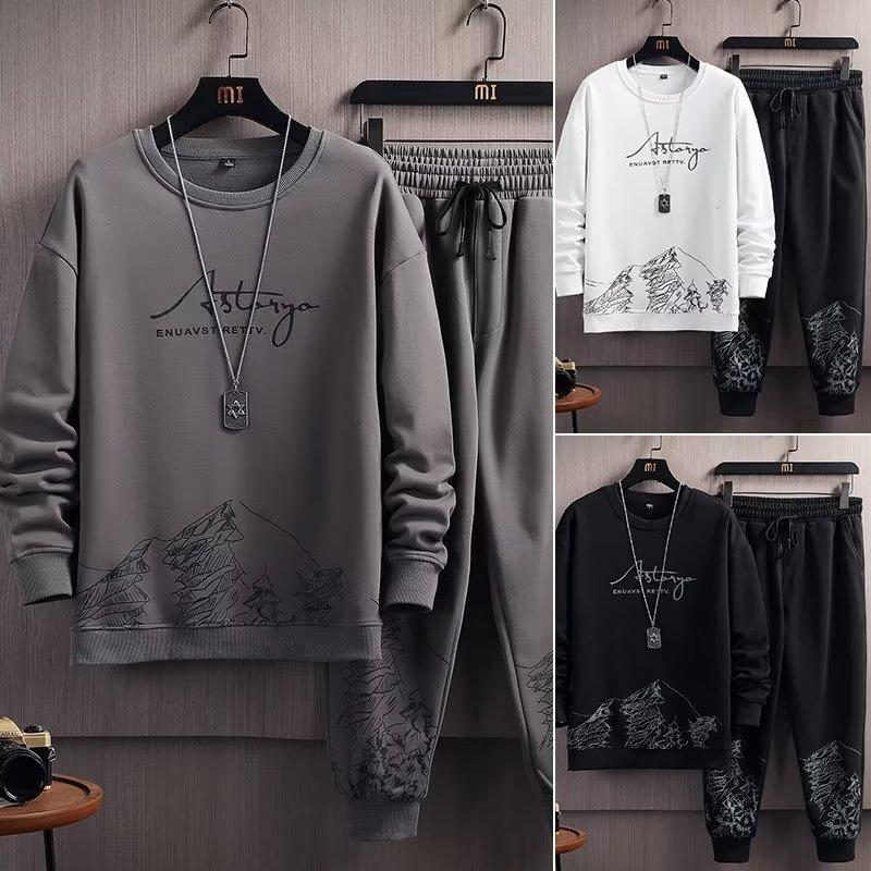 trendy brand snow mountain sweater suit men's round neck spring and autumn thin two-piece set handsome sportswear casual suit