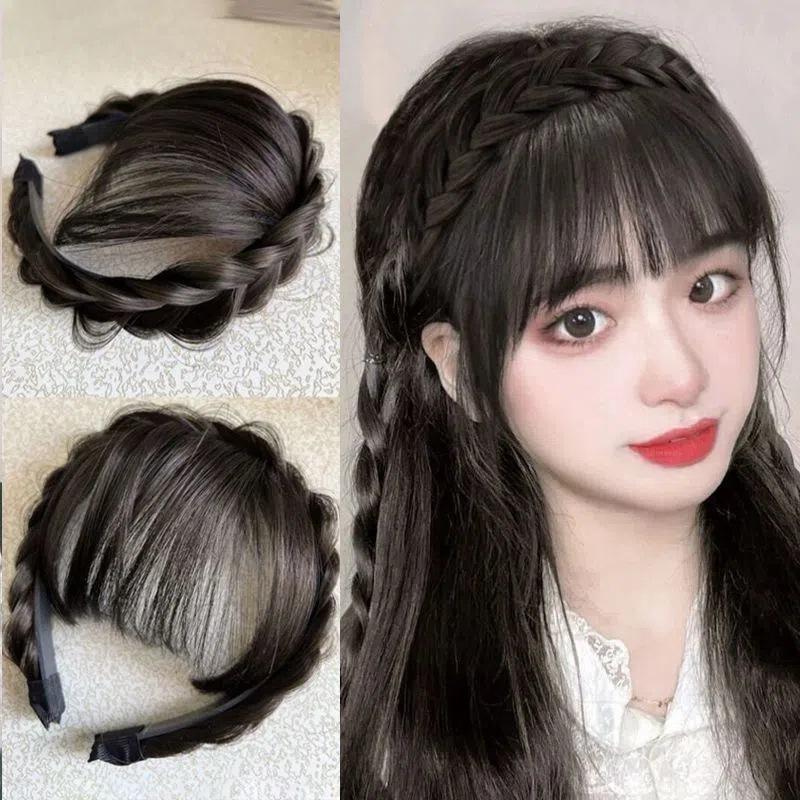 wig handmade bangs fishbone plaits wig hair hoop bangs natural forehead wig set invisible seamless fake bangs