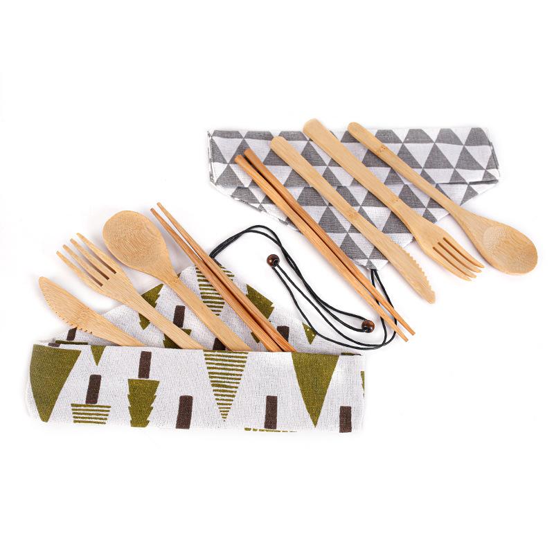 japanese bamboo knife, fork and spoon chopsticks portable western food/steak tableware suit cloth bag student three-piece set engraved logo details Picture
