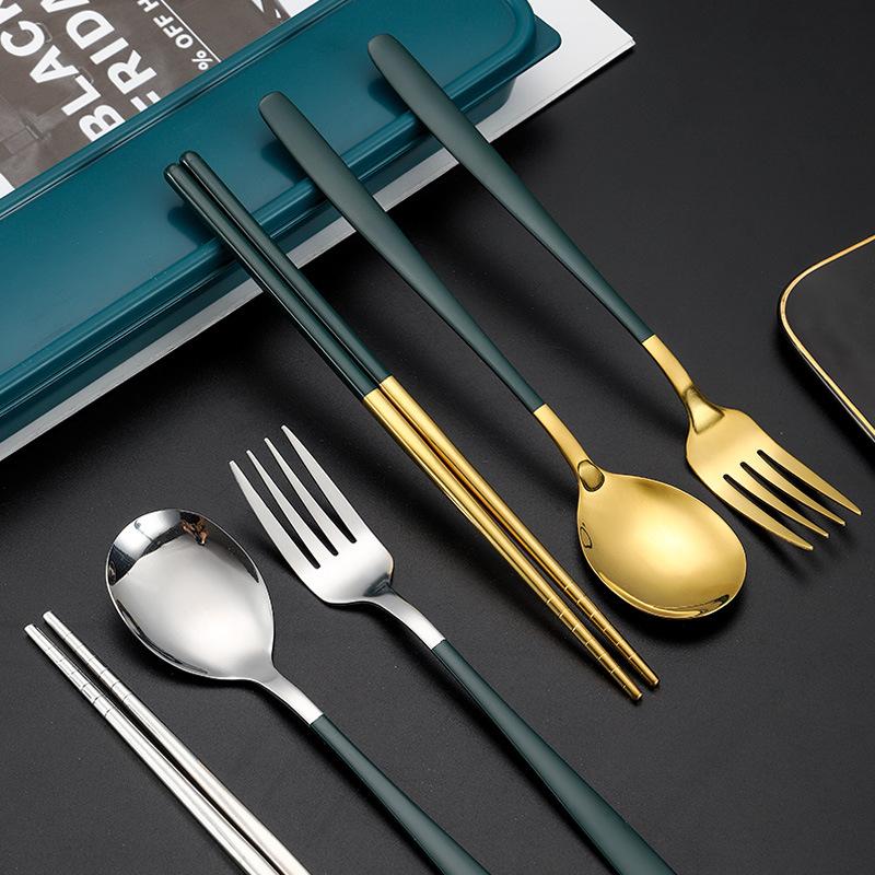 Stainless Steel Korean Portable Tableware Three-Piece Set Student Travel Portable Spoon Fork Tableware Suit Printable Lgoo full figure