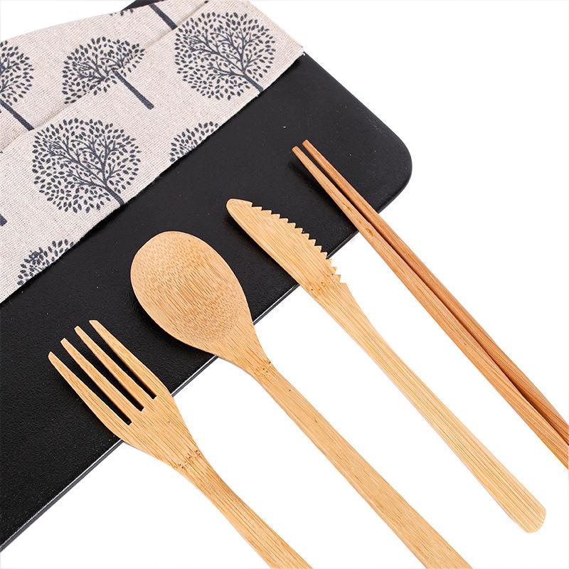 japanese bamboo knife, fork and spoon chopsticks portable western food/steak tableware suit cloth bag student three-piece set engraved logo Application Scenario