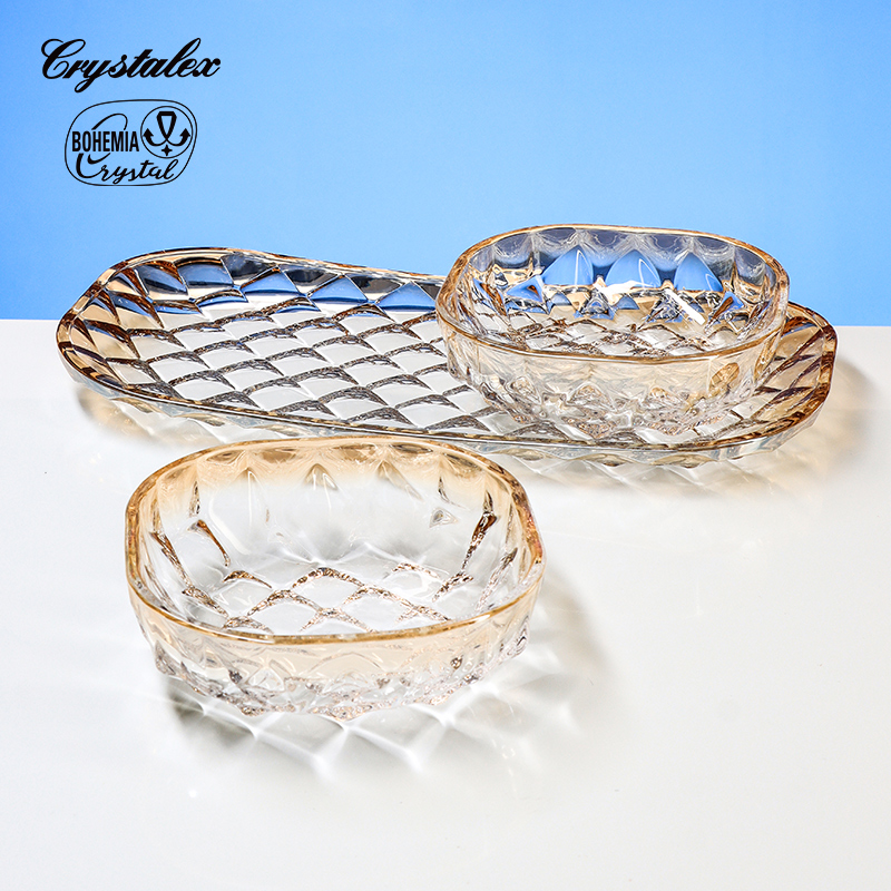 Lex - Czech Bohemian imported crystal glass, Teni amber, colored edge rectangular tray, 3-piece set, a great home item and a life art piece