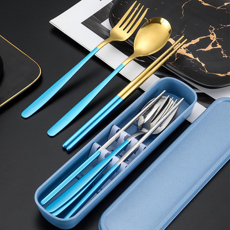 Stainless Steel Korean Portable Tableware Three-Piece Set Student Travel Portable Spoon Fork Tableware Suit Printable Lgoo details Picture