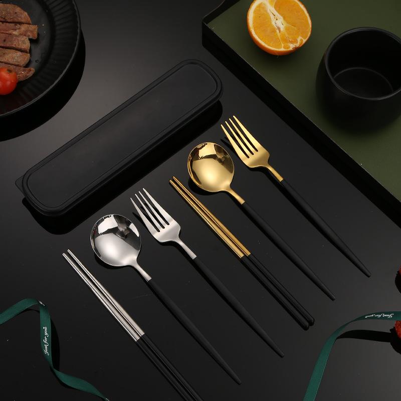 Stainless Steel Tableware Set Household Chopsticks Spoon Set Student Outdoor Camping Three-Piece Portable Tableware Wholesale details Picture