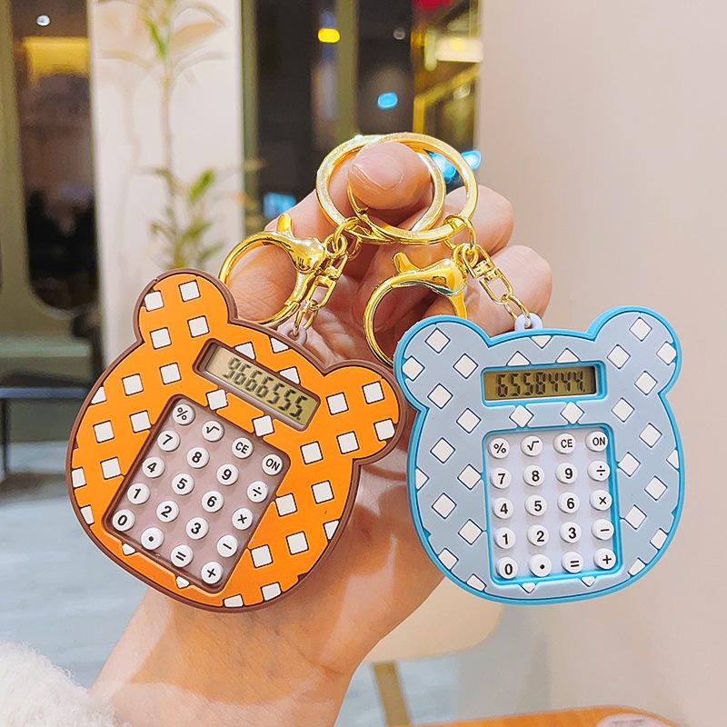 creative grid bear head calculator keychain student portable calculator schoolbag pendant claw machine gift wholesale
