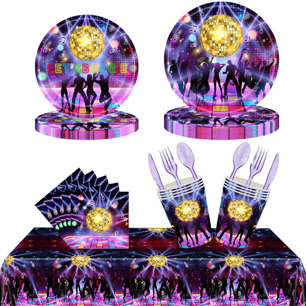 New disco themed party tableware set disposable table cloth tray knife fork paper cup return to 70s ballroom bar paper tray tissue tablecloth decoration