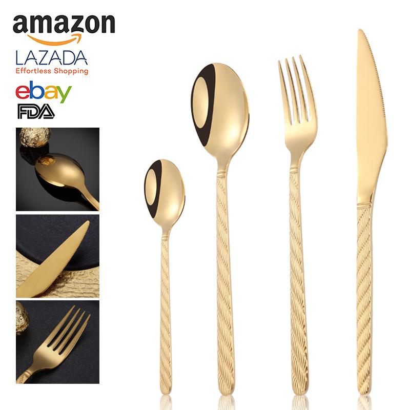 cross-border amazon hot selling stainless steel tableware knife fork spoon hemp rope pattern western tableware steak hotel 4 pcs set full figure