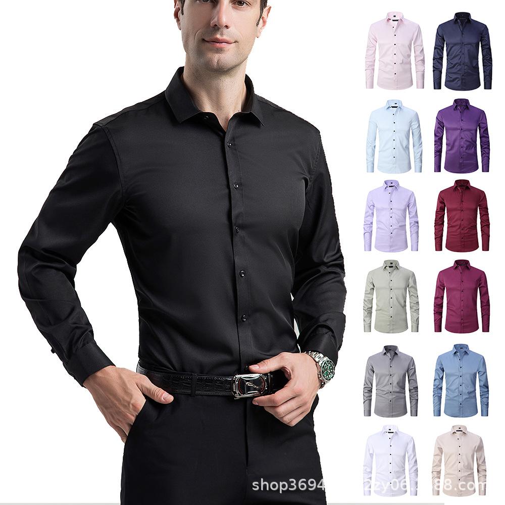 Men Clothes Cross-Border Shirt Men's Long Sleeve Commute Minimalist Vintage Casual Men's Clothing Black Shirt Slim Fit Spring and Autumn