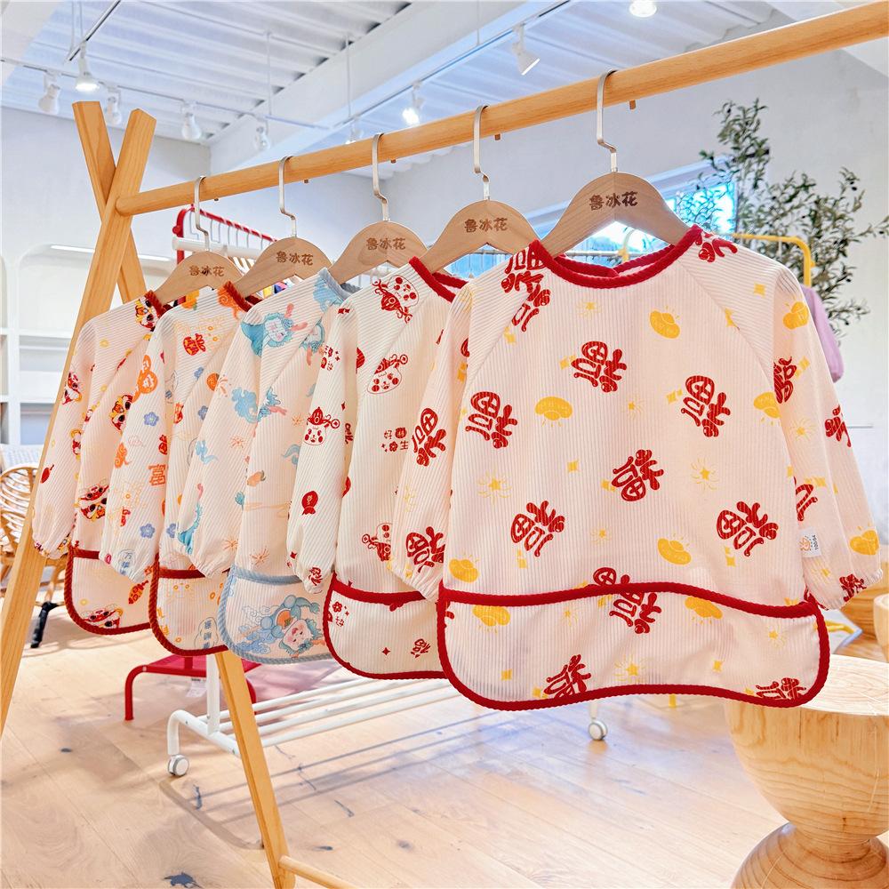 New Year Corduroy Waterproof Smock Long-Sleeved Cartoon Children's Eating Clothes Anti-Dirty Baby Girl Bib Corduroy Rice Clothes