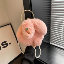 plush bag autumn and winter new internet celebrity hand bag rabbit pattern bag pearl rabbit ears fur bag shoulder messenger bag