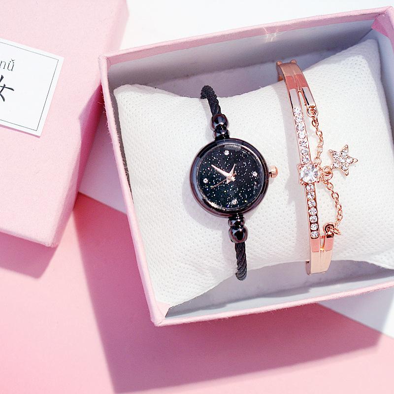 2pcs/set fashion trend student small starry dial bangle watch quartz watch + bracelet suit women's watch