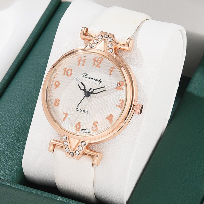 New Women's Belt Quartz Watch round Literal Rhinestone-Encrusted Female Student Pu Band Wrist Watch in Stock Wholesale