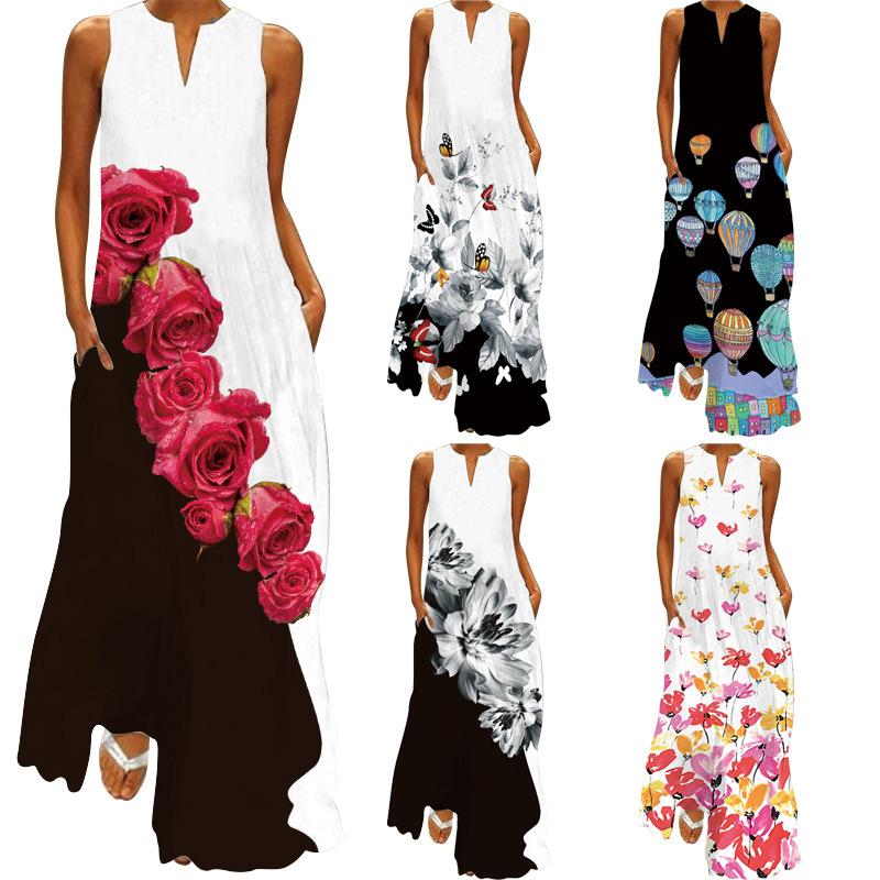 2024 new summer women's clothes sleeveless maxi dress v-neck printed emerald flower dress europe and america cross border foreign trade women's clothing