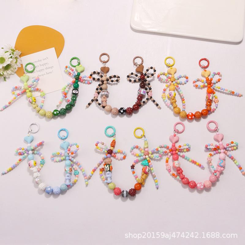 New Acrylic Contrast Color Hand-Painted Bead Necklace Keychain Pendant Color Bead Bow Accessories Phone Chain Pendant