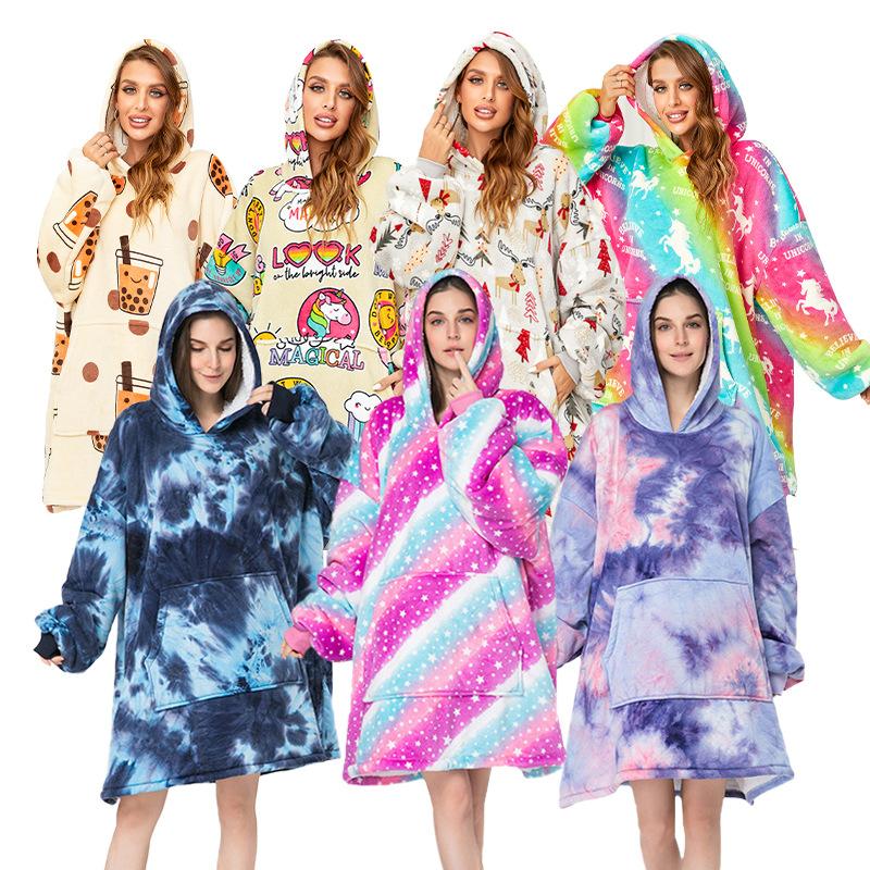 cross-border tie-dyed printed lazy clothes pullover sweater hooded lazy sleeping blanket outdoor cold-proof clothes wearable blanket