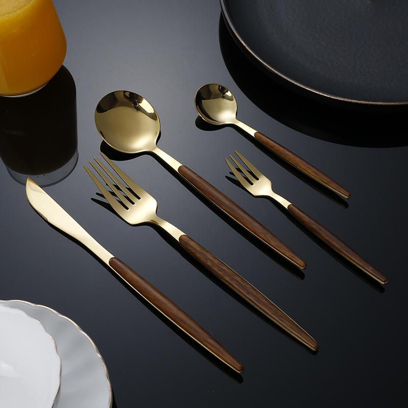 portuguese western tableware plastic handle imitation retro wood grain steak knife, fork and spoon household pasta dessert knife, fork and spoon full figure