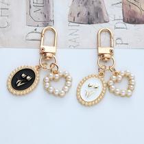 pearl rose hollow heart keychain pendant homemade by hand bag earphone sleeves airpods pendant accessories
