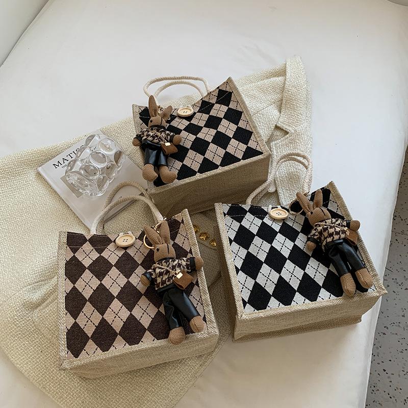 Linen Handbags Women's 2023 Fashion out Hand Bag Japanese Style Western Style Girl Work Bento Lunch Box Bag