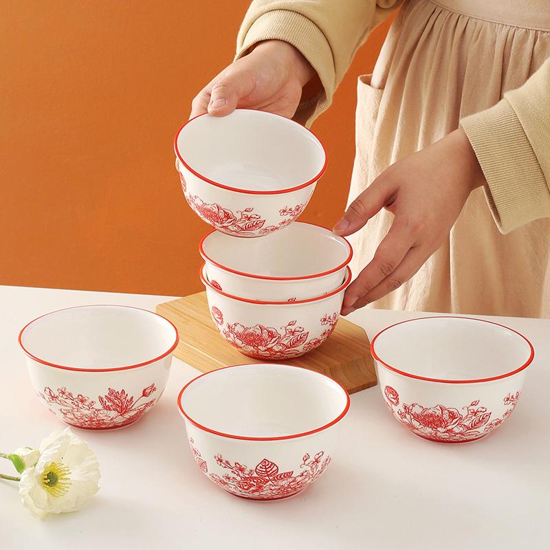 simple style ceramic tableware 6 pcs rice bowl set red wedding moving gift bank insurance details Picture