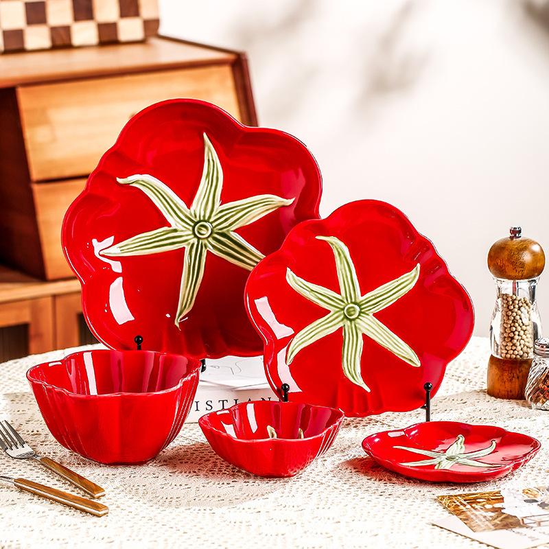 ceramic household underglaze tableware tomato modeling plate bowl tomato shape dinner plate rice bowl creative modeling plate