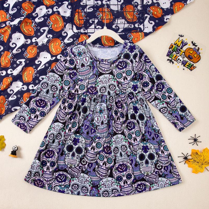 2024 girls' halloween party clothes printed pumpkin skull long sleeve dress baby festival cosplay clothes