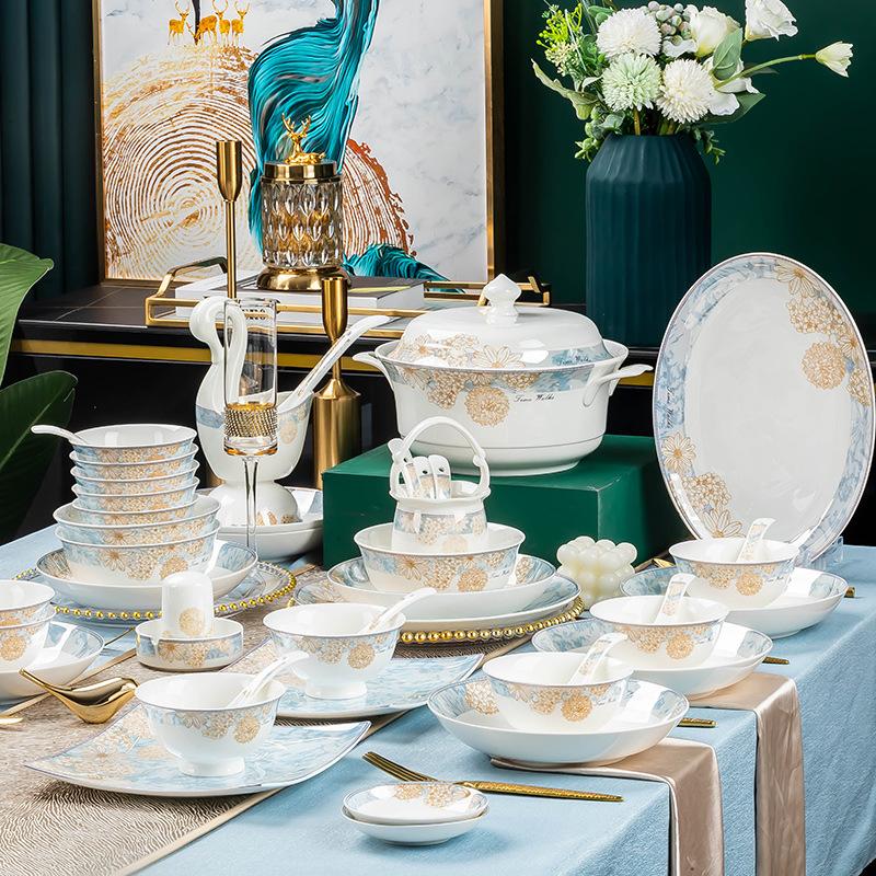 Jingdezhen Tableware Suit Bone China Time Walk Bowl Dish Noodle Bowl Tall Bowl High-Grade Soup Bowl Chopstis