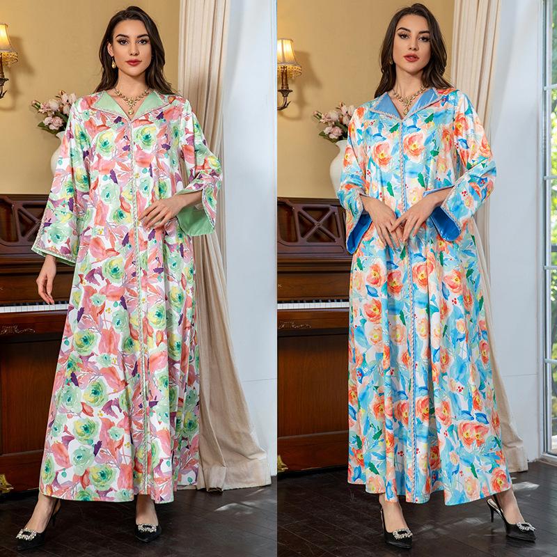 ab370 european muslim fashion printing dress middle east gulbang festival ethnic clothes dubai saudi arabia