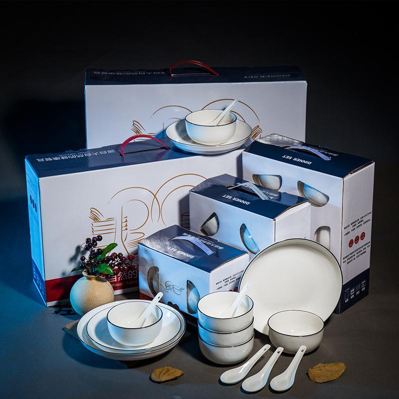 Simple European Black Line Bowl Dish & Plate Tableware Suit Blue and White Porcelain Bowl Activity Gift Bowl Set Hand Gift Box full figure